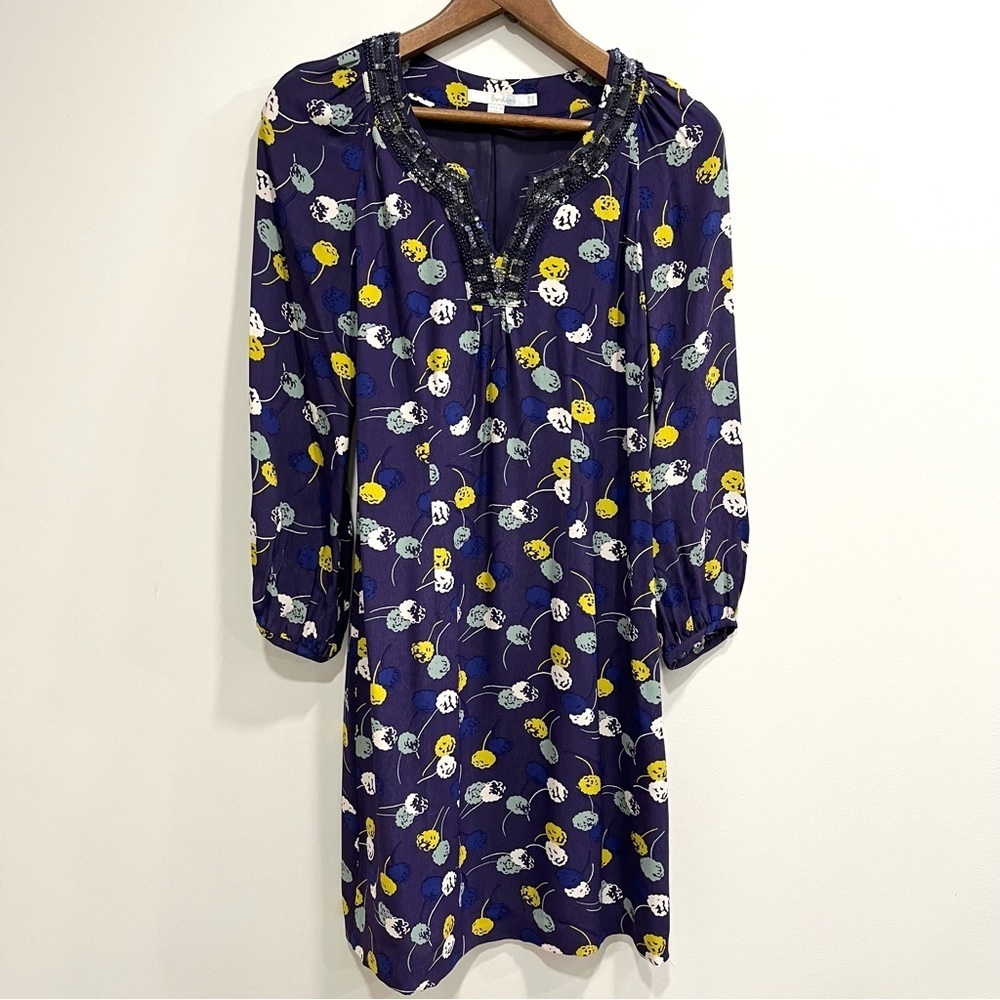 Boden purple yellow floral viscose dress diamond sequin neckline U.S size 6